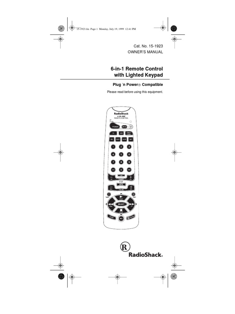 6-In-1 Remote Control With Lighted Keypad: Cat. No. 15-1923 Owner'S ...