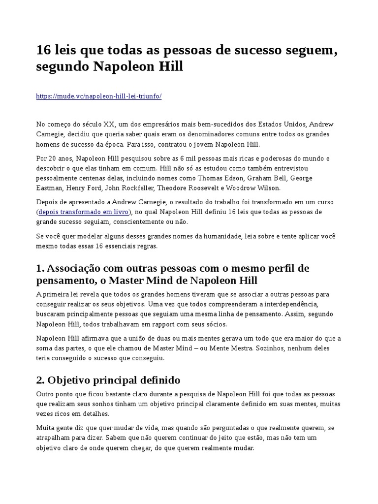 16 Leis do Sucesso de Napoleon Hill | PDF | Napoleon Hill | Ciência cognitiva