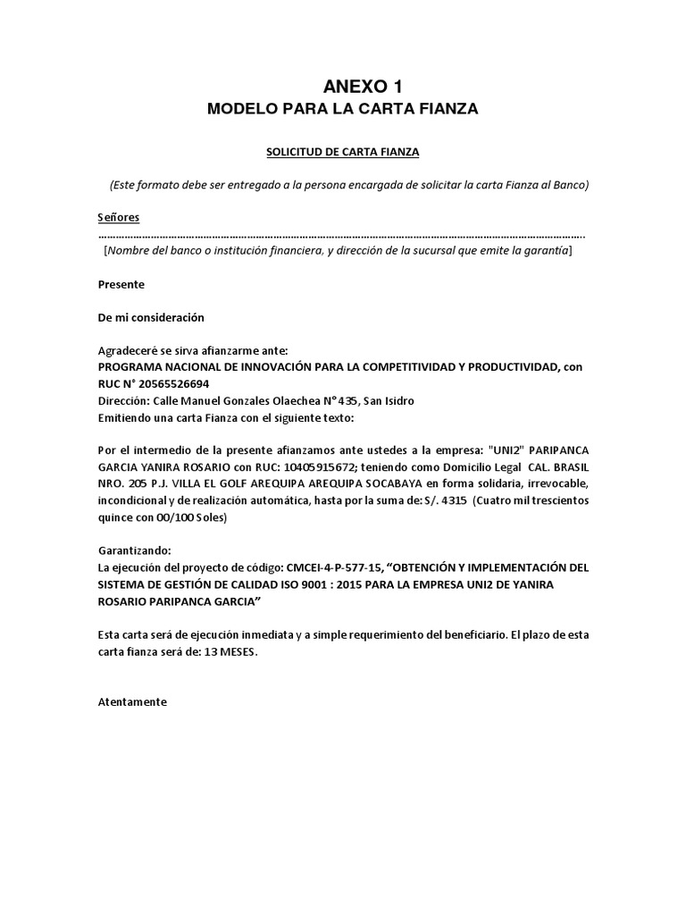 Modelo Solicitud Carta Fianza | PDF