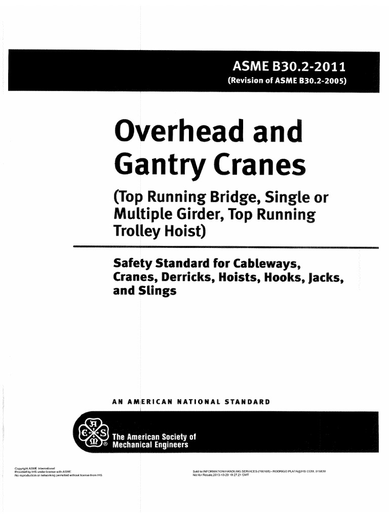ASME B30.2-2011 Overhead and Gantry Cranes PDF | PDF