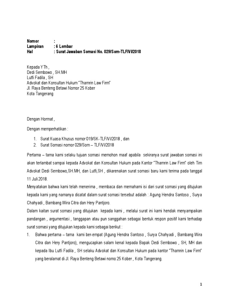 Jawaban Surat Somasi Psm Demikian contoh surat somasi ini dibuat semoga bisa menjadi referensi yang baik bagi anda yang membutuhkan.