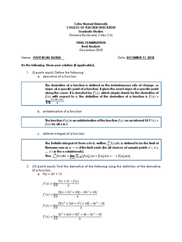 Real Analysis Final Exam Overview | PDF | Real Analysis | Integral