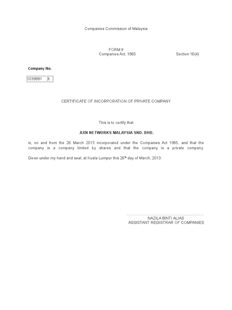 Certificate of Incorporation: AXN Networks | PDF