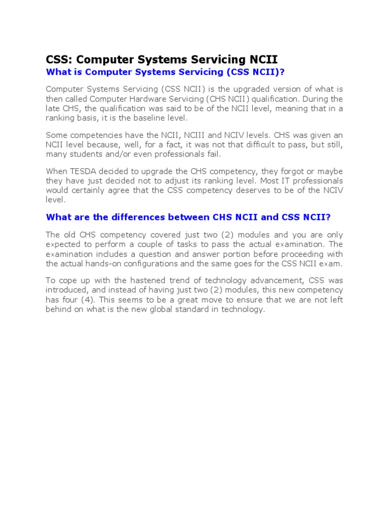 What Is Computer Systems Servicing (CSS NCII) ? | PDF