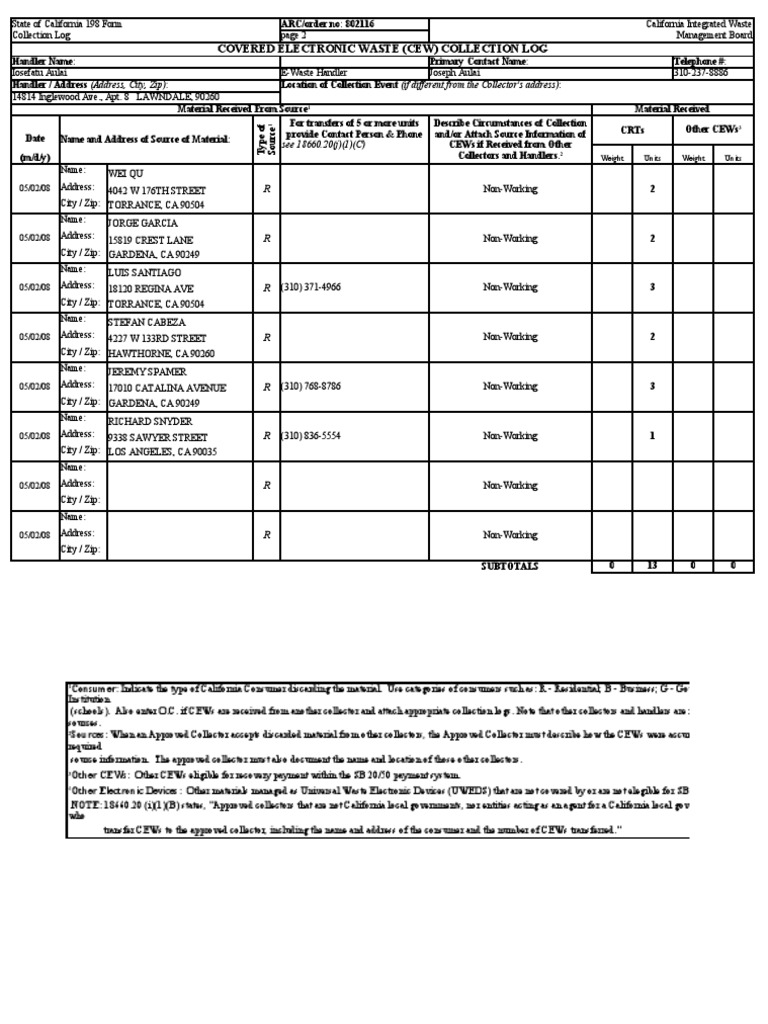 California E-Waste Collection Log 198 | PDF | Electronics | Business