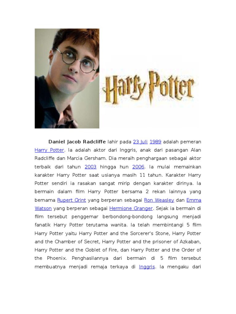 Daniel Jacob Radcliffe Lahir Pada 23 Juli 1989 Adalah