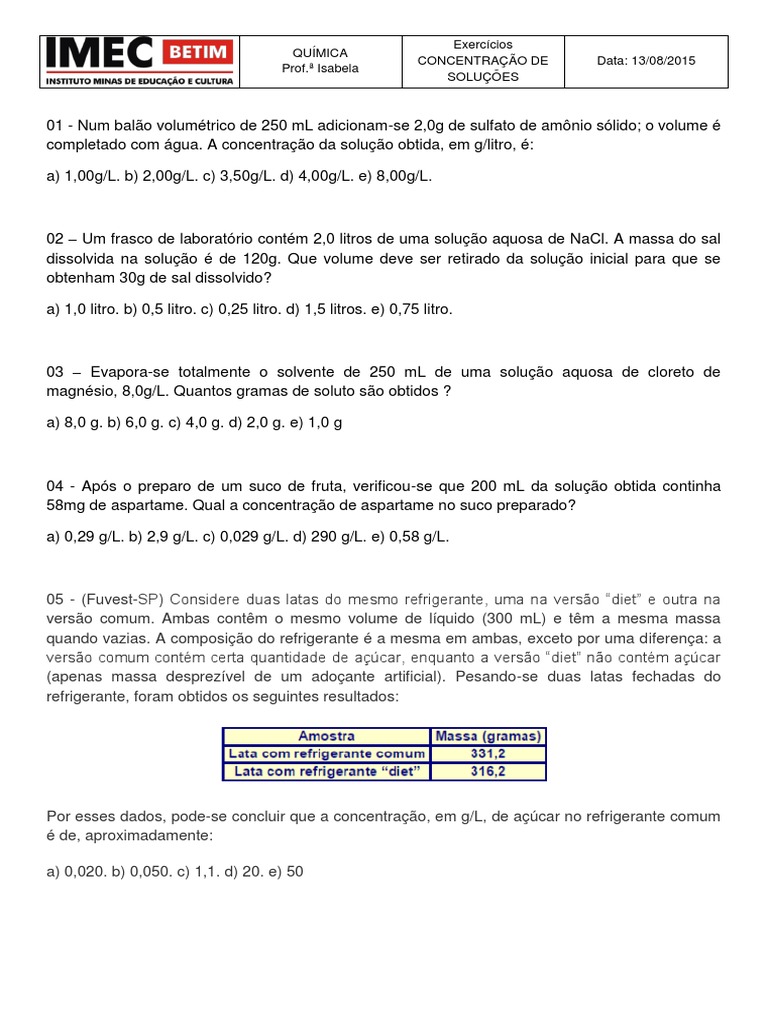 Exercícios sobre Concentração de Soluções | PDF | Solução | Mol (unidade)