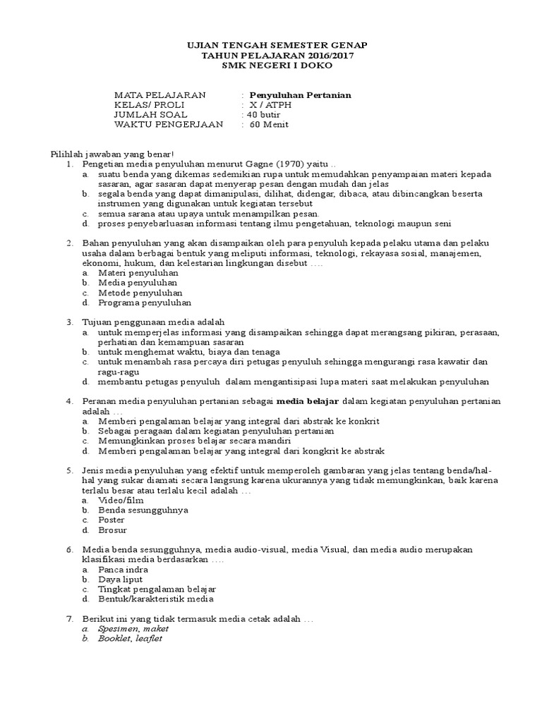 Soal Penyuluhan Kelas X Atph