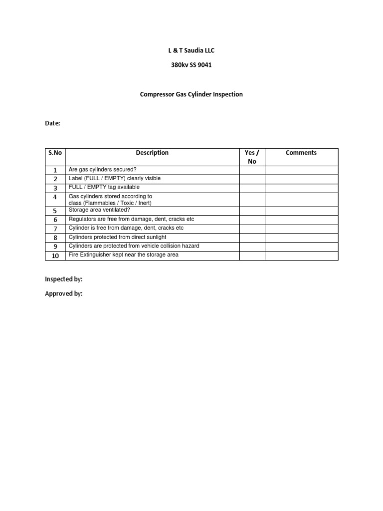 Cylinder Inspection Checklist
