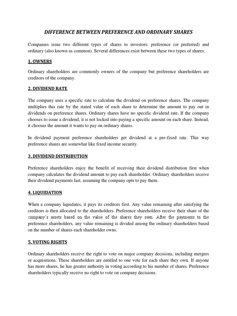 Differences Between Ordinary And Preference Shares