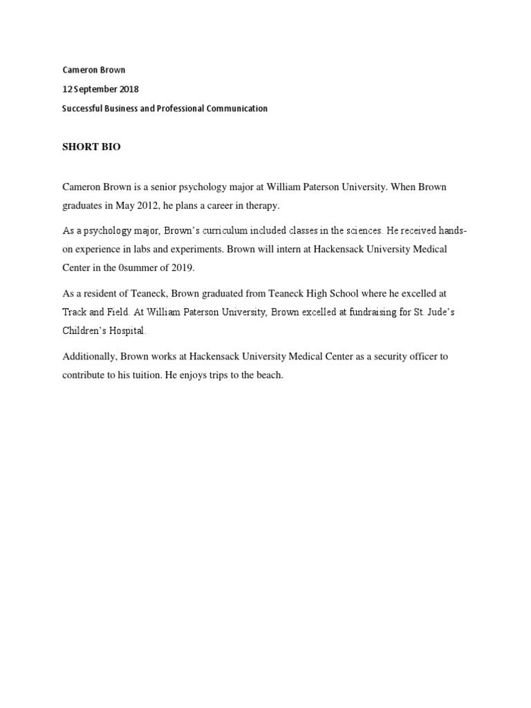 Cameron Brown: Psychology Major Bio | PDF