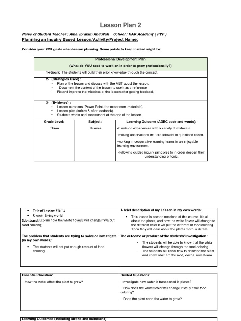 Lesson Plan 2 Planning An Inquiry Based Lesson Activity Project Name Lesson Plan Inquiry