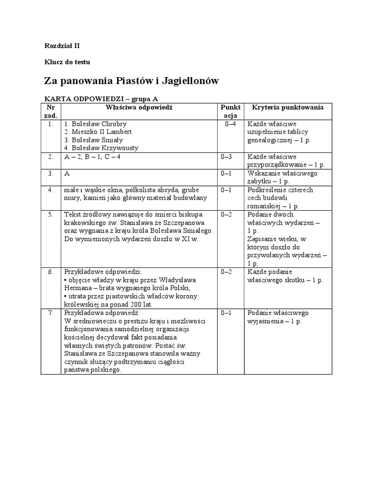 Od Piastów Do Jagiellonów Sprawdzian Pdf