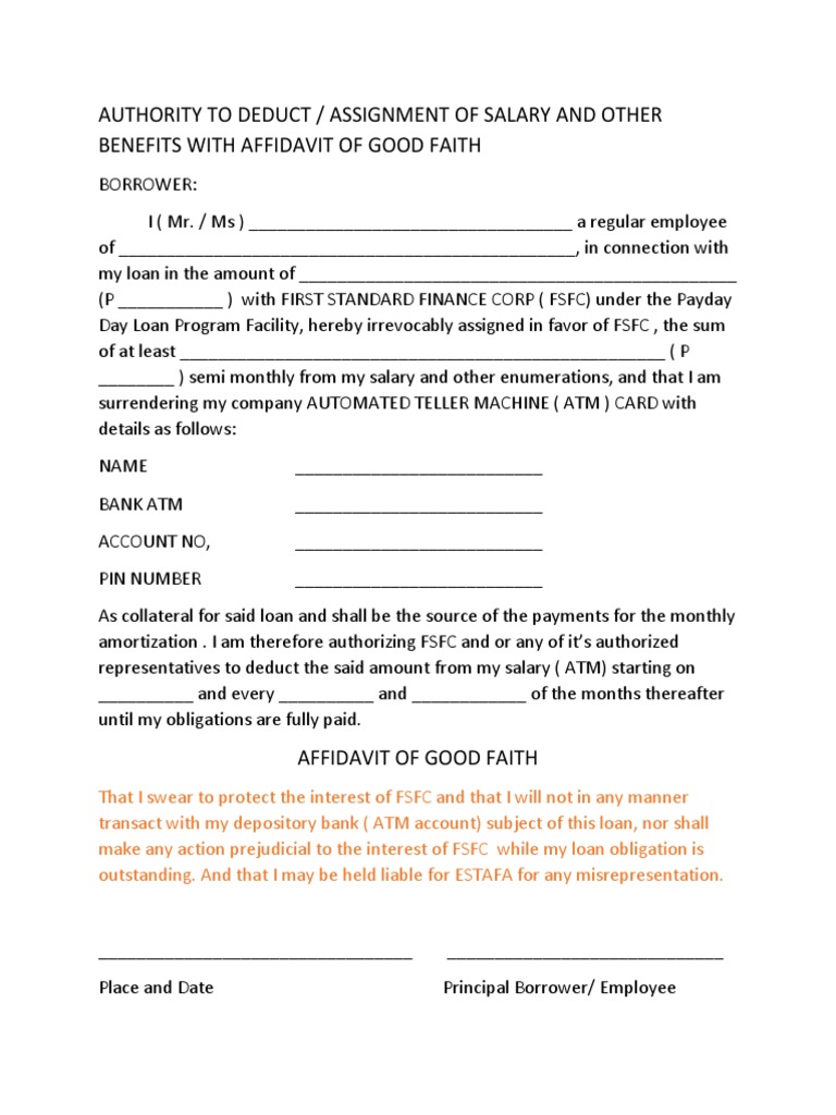 Authority to Deduct Loan Agreement | PDF