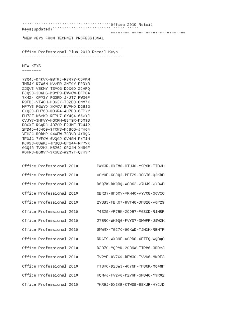 Office 2010 Retail Keys List | PDF | Share Point | Microsoft Office 2010