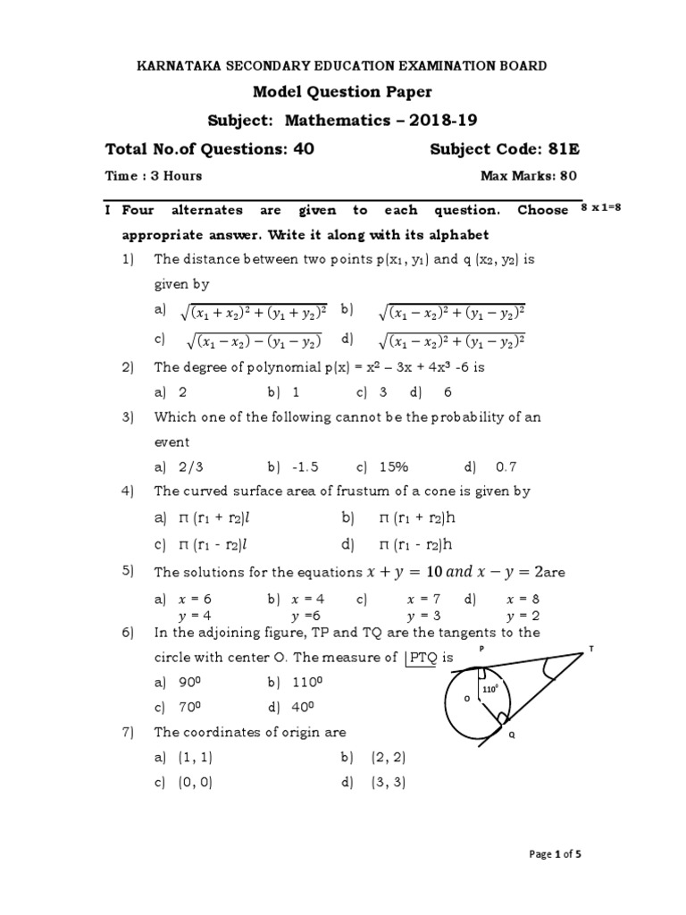 Karnataka SSLC Maths Model Paper 2018-19 | PDF | Fraction (Mathematics ...
