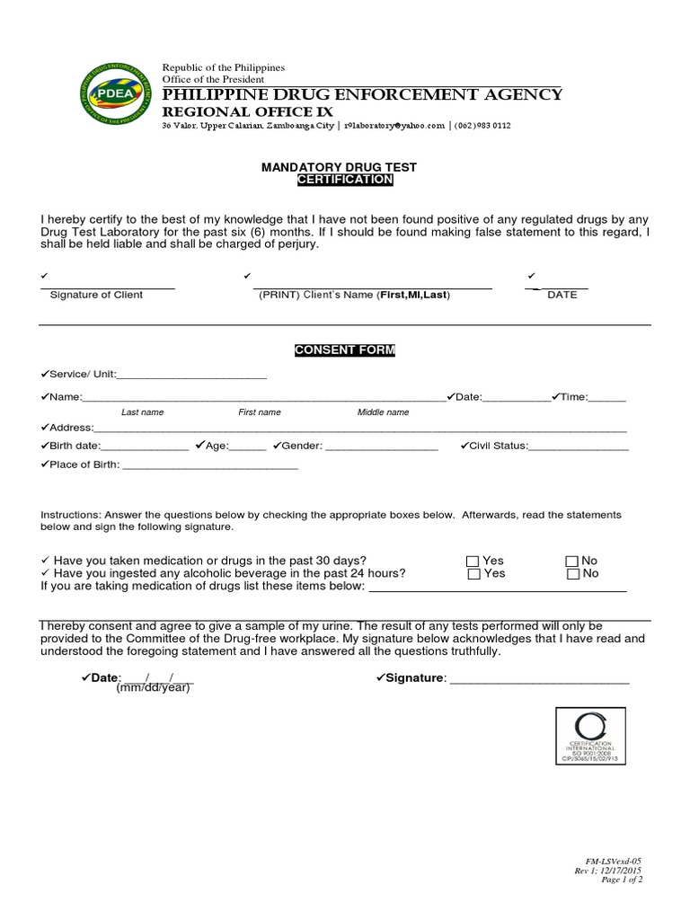 PDEA Drug Testing Form PDF
