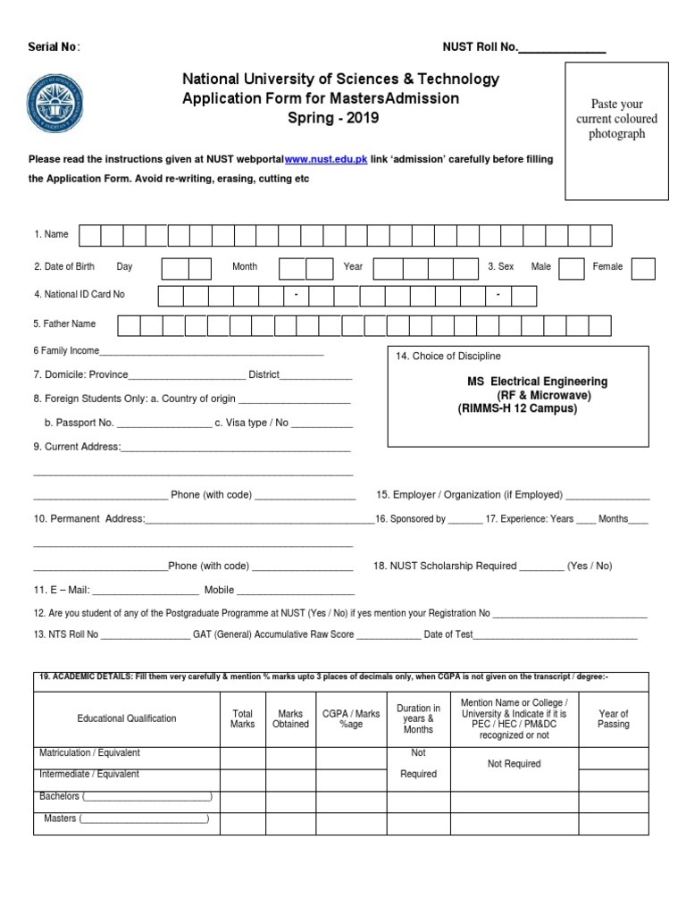 Pg Admission Form Nust University And College Admission Academic Degree