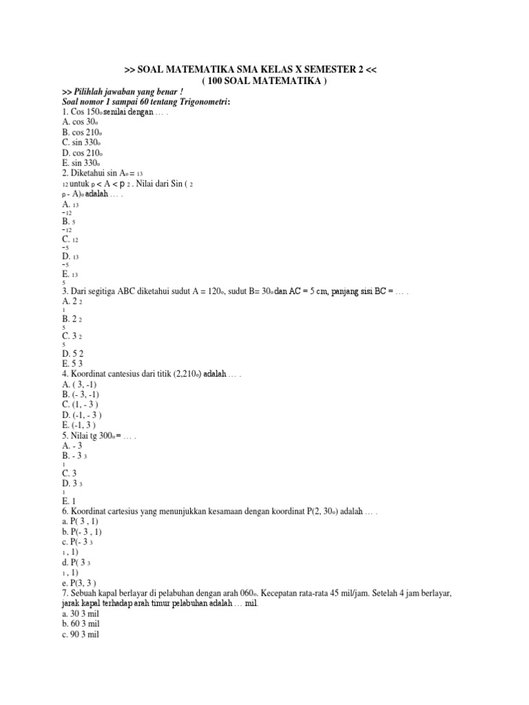 Soal Matematika Sma Kelas X Semester 2 Docx