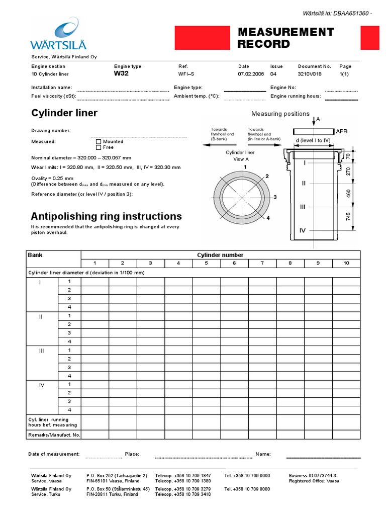 Wartsila Measurements W32 PDF Turbocharger Piston