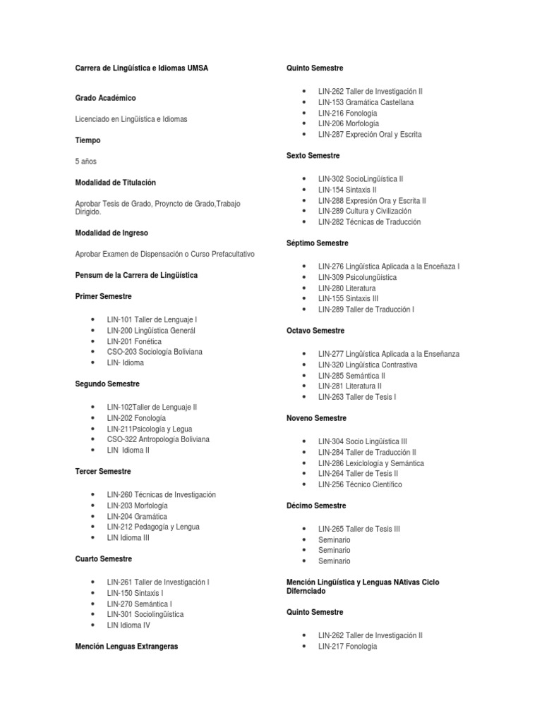 Carrera de Lingüística e Idiomas UMSA | PDF | Traducciones | Lingüística