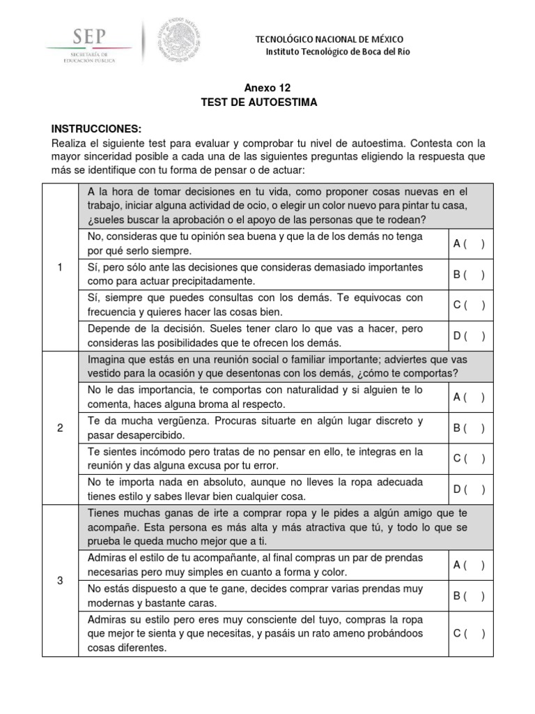 Test de Autoestima para Adolescentes | PDF | Relaciones personales ...