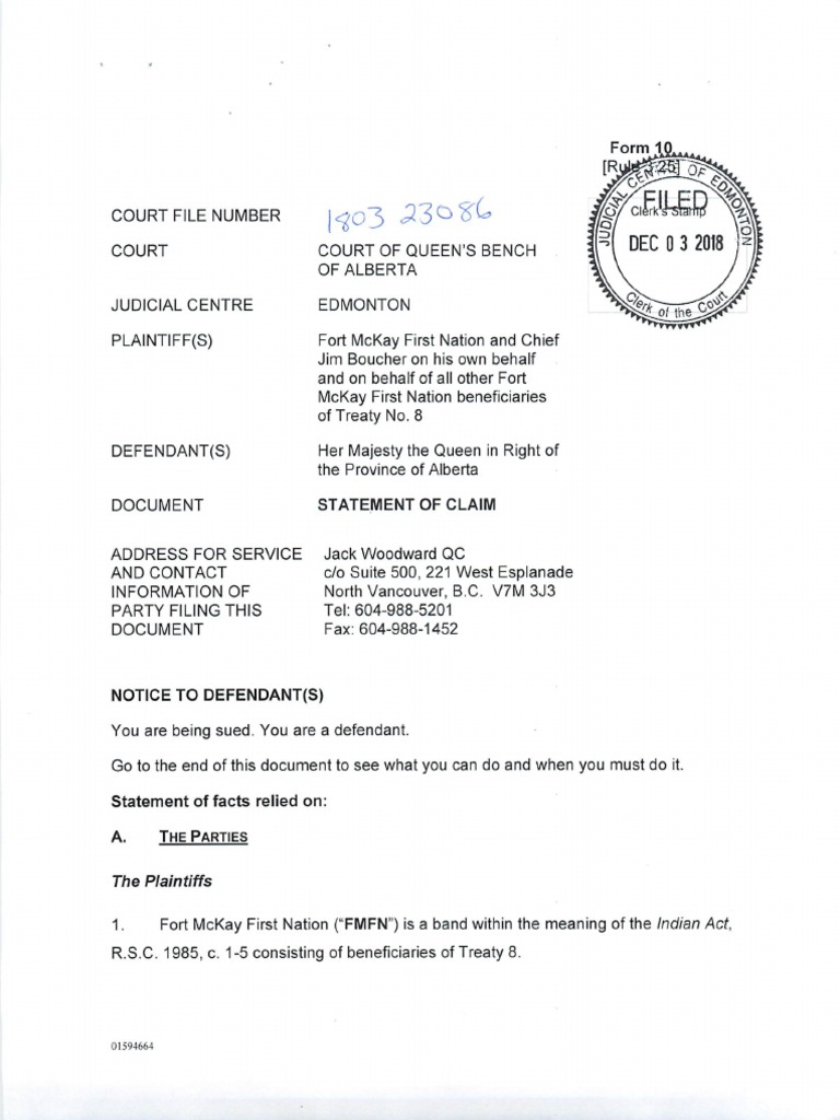 2018-12-03 Statement of Claim Fort McKay First Nation | PDF