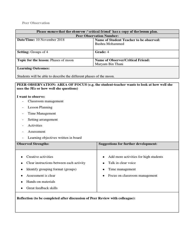 Peer Observation 2 | PDF | Educational Assessment | Lesson Plan