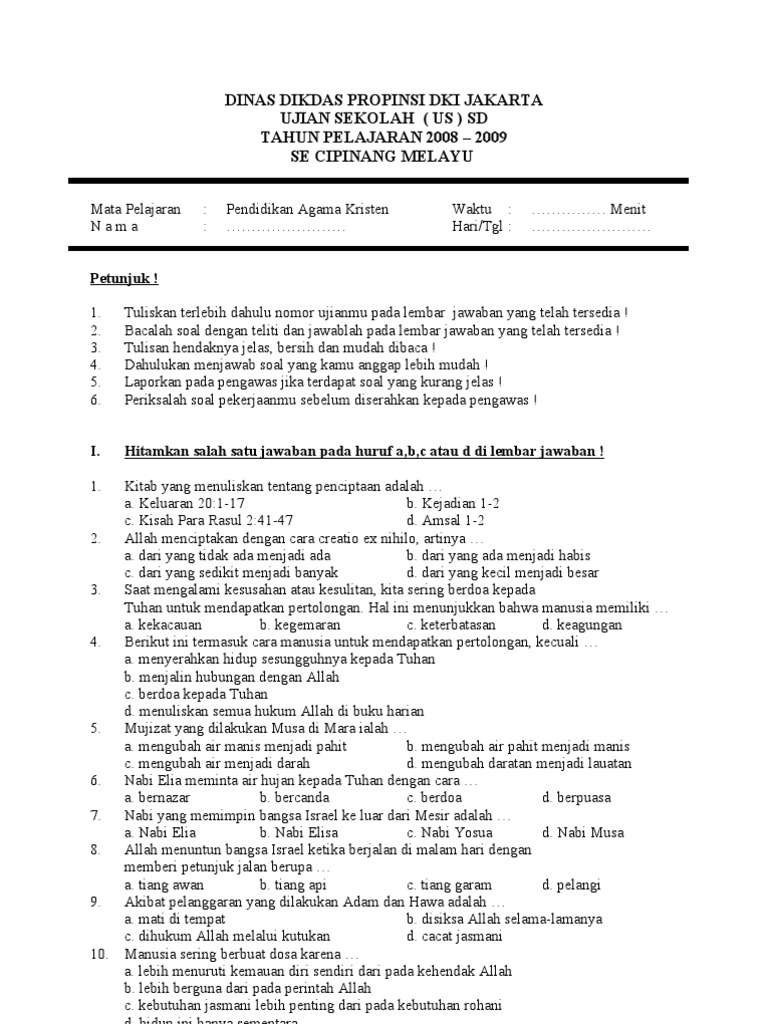 Soal Us Agama Kristen 2009