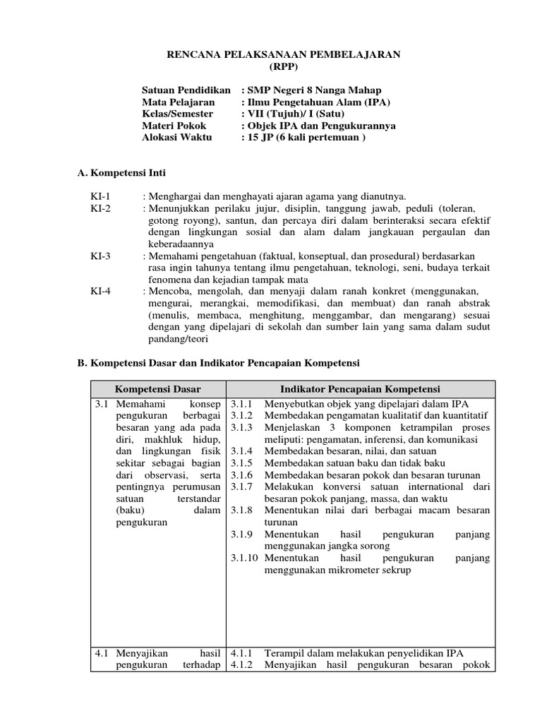 1 Rpp Kd 3 1 Objek Ipa Dan Pengukurannya