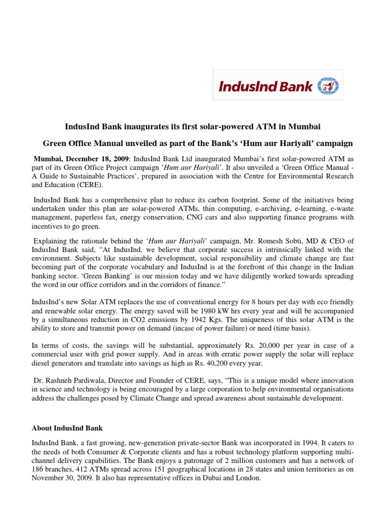 IndusInd Bank Launches Solar ATM Initiative | PDF | Solar Power ...