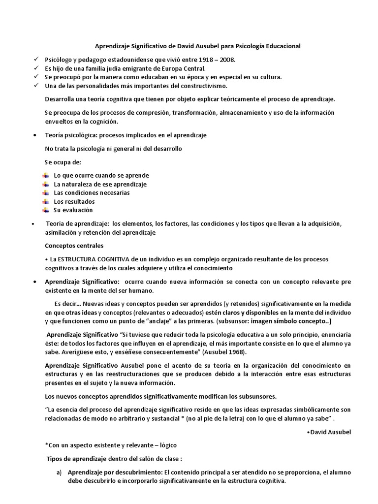 Aprendizaje Significativo según Ausubel | PDF | Aprendizaje | Ciencias ...