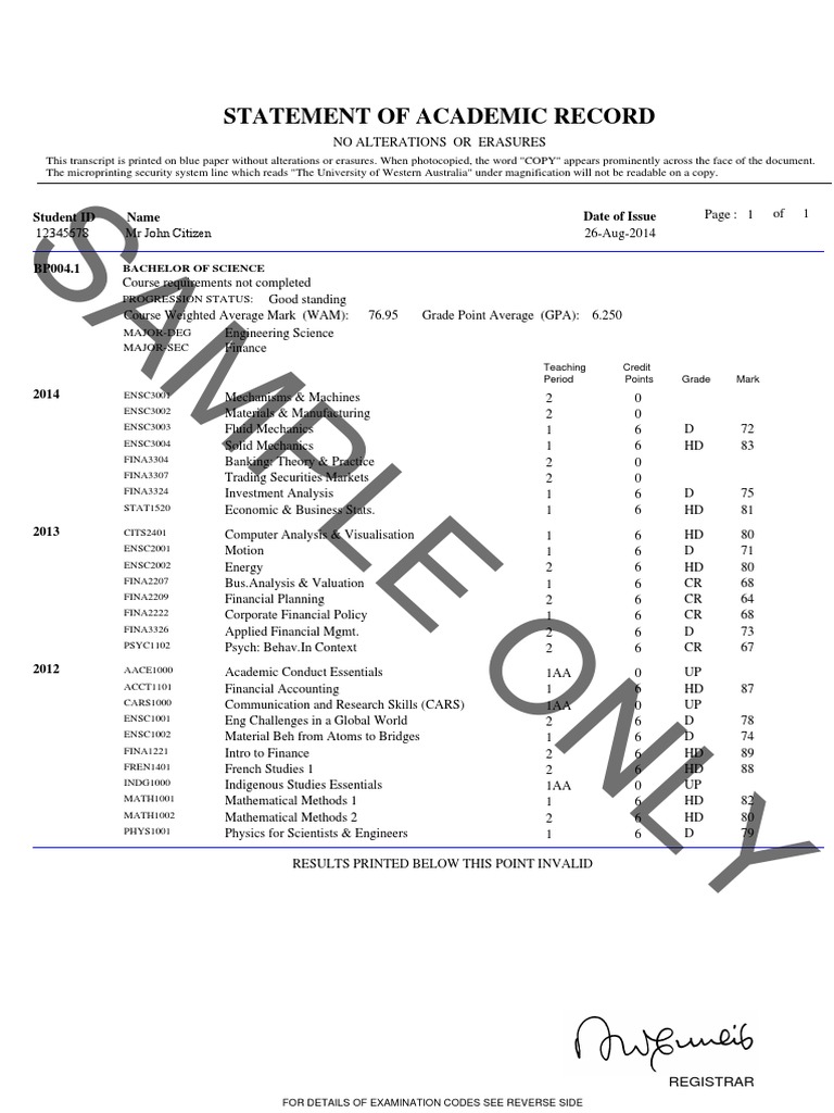 Statement of Academic Record Sample PDF Valuation (Finance