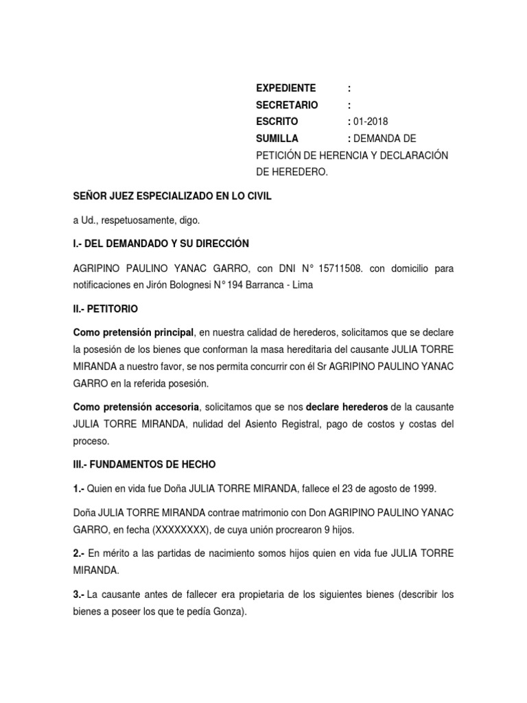 Demanda de Petición de Herencia y Declaración de Heredero PDF
