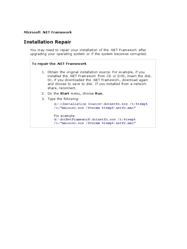 Repairing Microsoft .NET Framework Installation | PDF