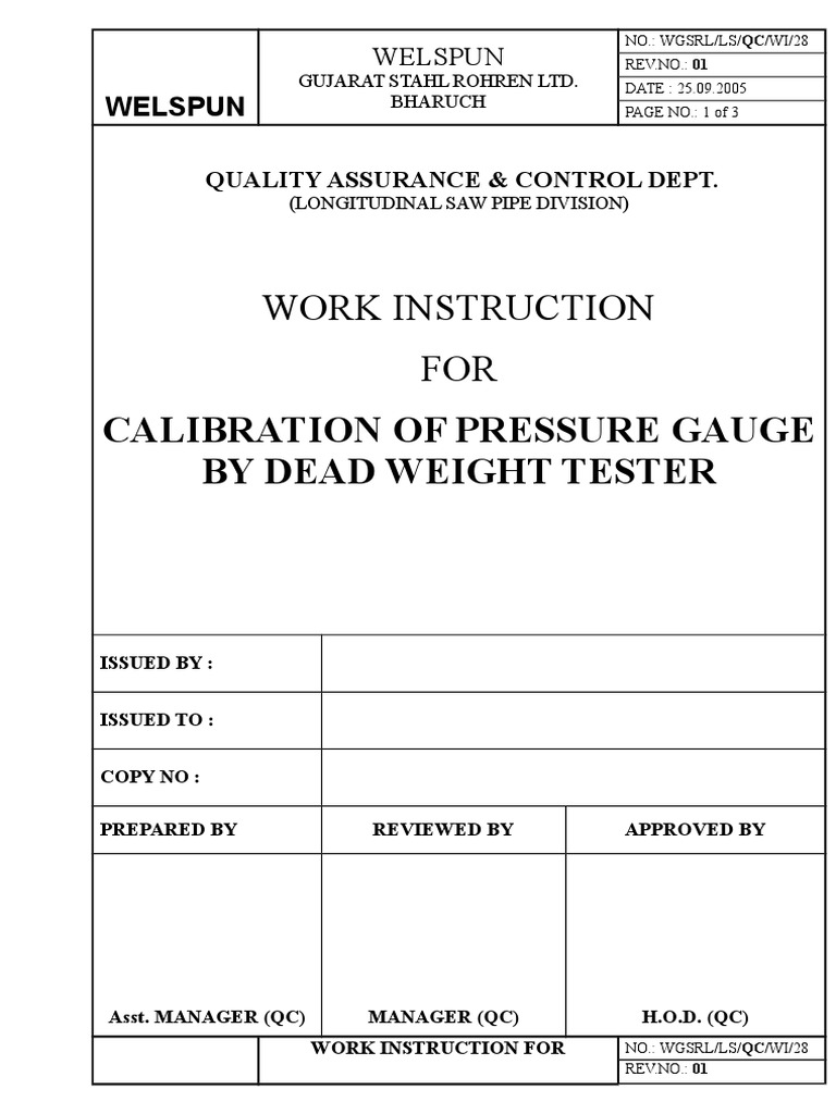 Work Instruction FOR Calibration of Pressure Gauge by Dead Weight