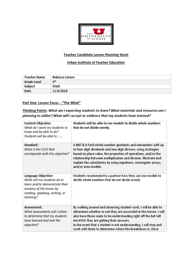 116 Math Lesson Plan 4 PDF Division (Mathematics) Teachers