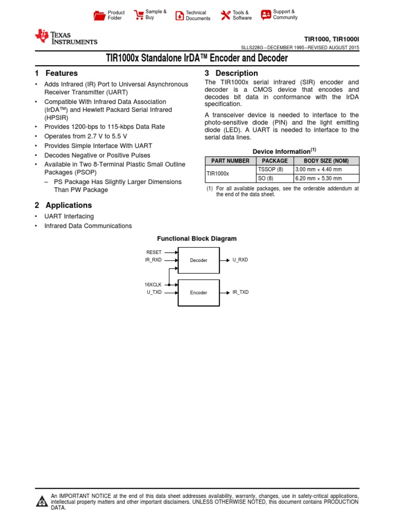 Tir1000X Standalone Irda™ Encoder and Decoder: 1 Features 3 Description ... image.