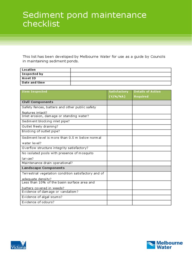 Sediment Pond Maintenance Checklist