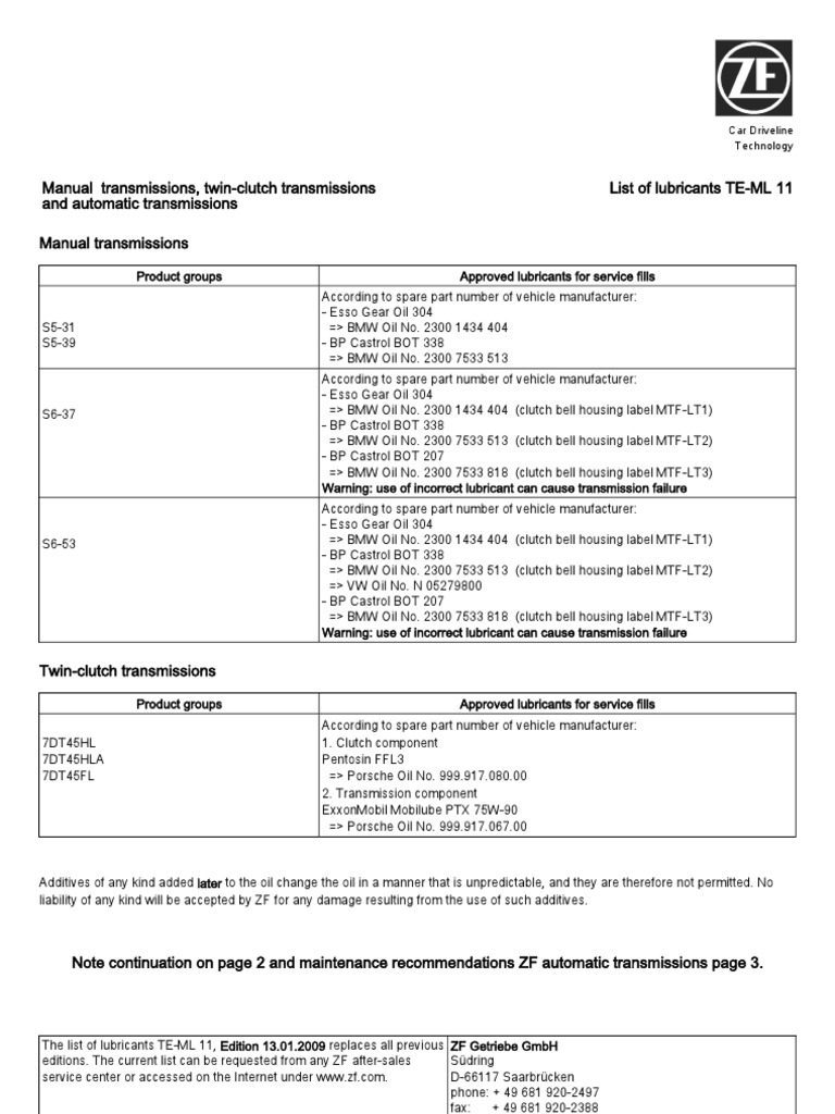 ZF Transmission Oil Specifications | PDF | Automatic Transmission ...
