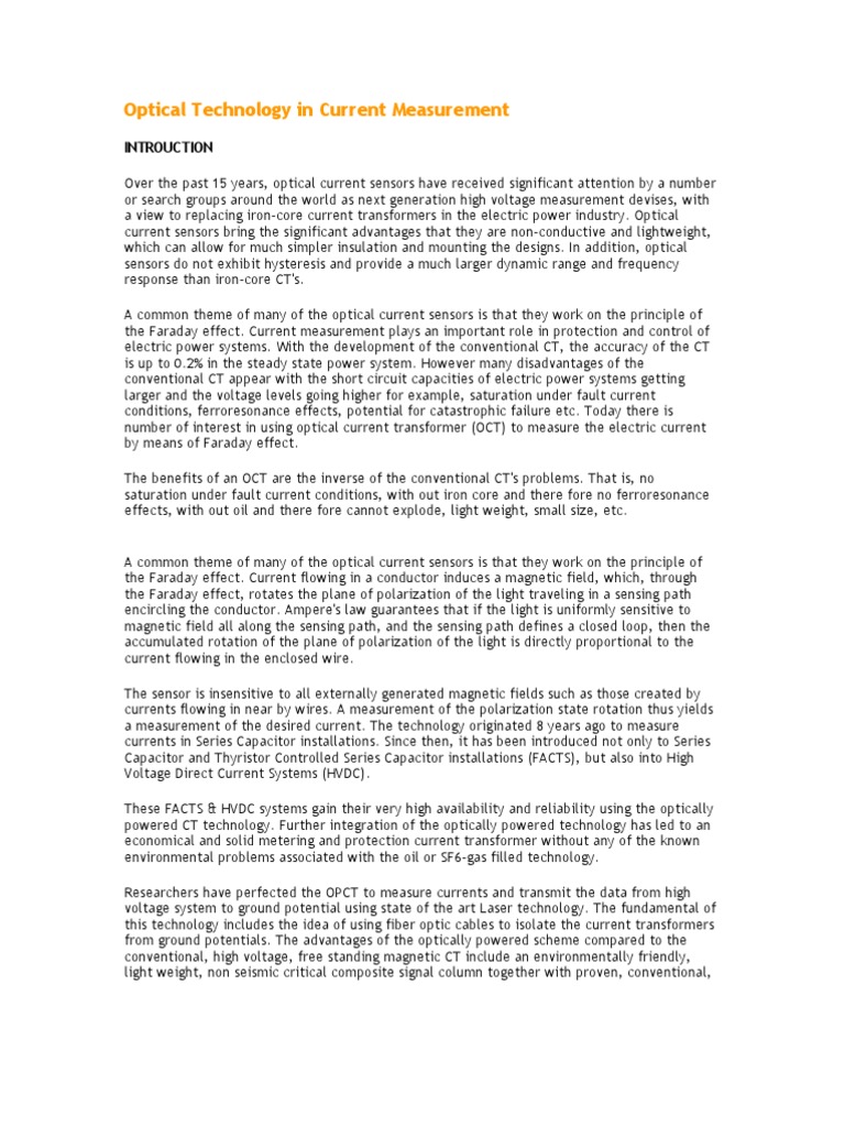 Optical Technology in Current Measurement PDF Electric Current