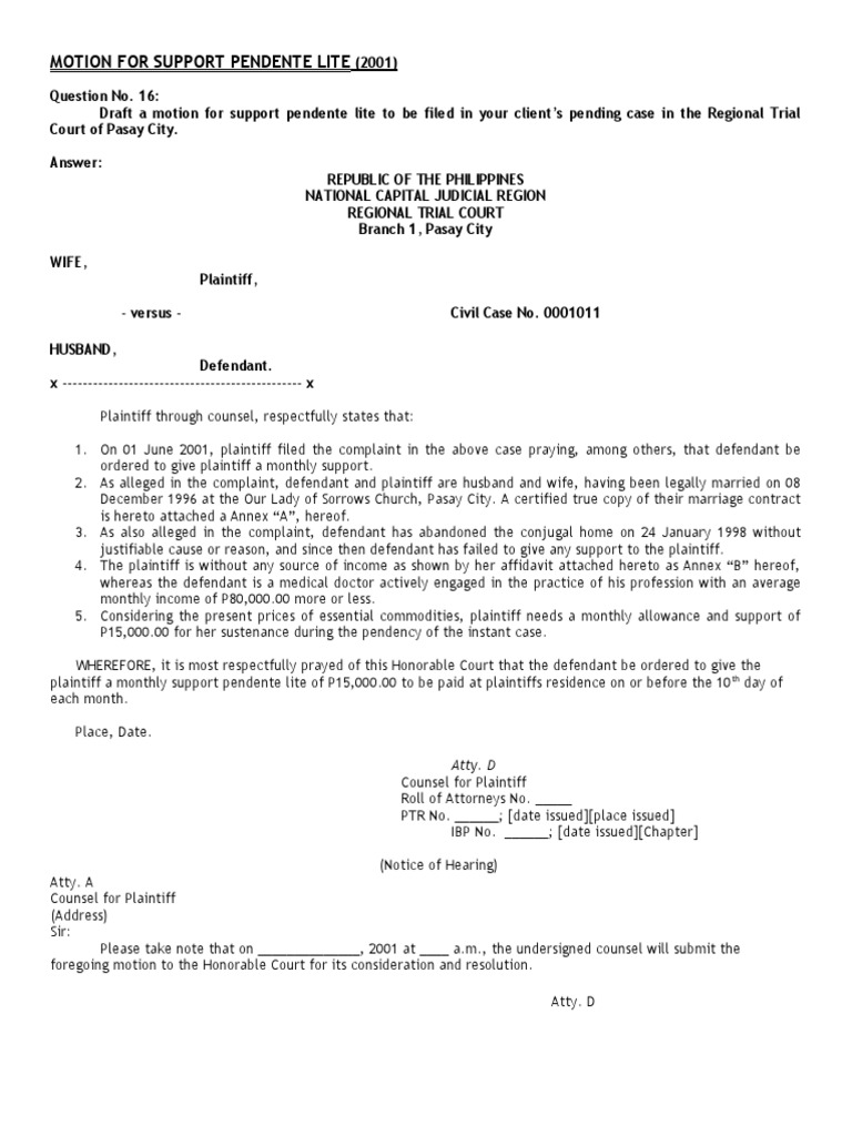 Motion For Support Pendente Lite Atty. D PDF Complaint Plaintiff