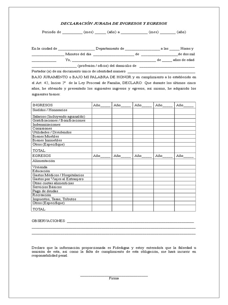 Declaración Jurada de Ingresos y Egresos | PDF