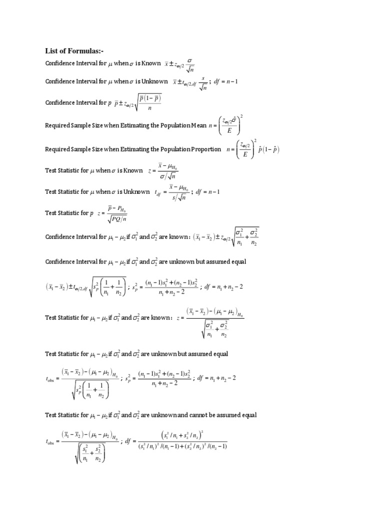List of Formulas End Term | PDF | Confidence Interval | Inference