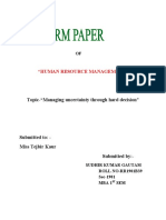 "Human Resource Management": Topic-"Managing Uncertainty Through Hard Decision"