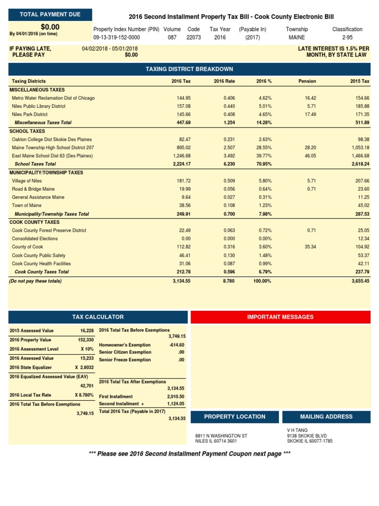 Cook County Propertytax Bill 2016 Second Installment PDF Taxes Debt