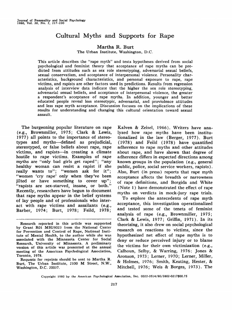 Cultural Myths and Rape PDF | PDF | Rape | Sexual Intercourse