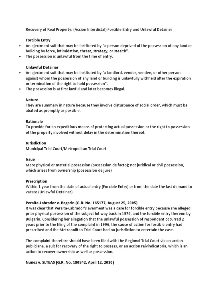 Analysis of Legal Principles Regarding Forcible Entry, Unlawful