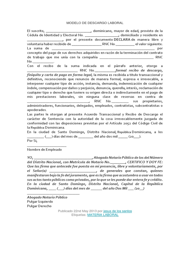 Modelo de Descargo Laboral | PDF | República Dominicana | Información ...