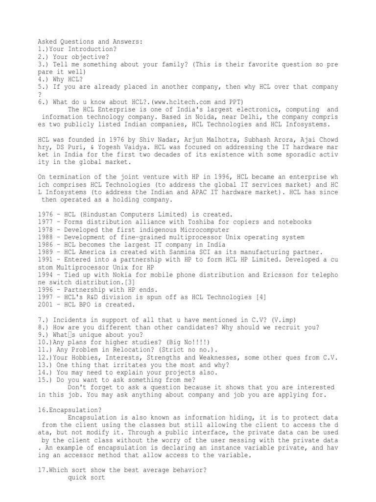 HCL Commonly Asked Questions 2 | PDF